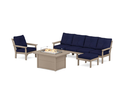 POLYWOOD® Vineyard Sectional Lounge and Fire Pit Set in Vintage Sahara / Navy