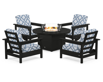 POLYWOOD® Club 5-Piece Conversation Set with Fire Pit Table in Black / Trellis Sky Blue