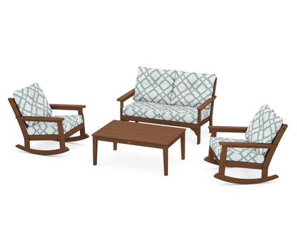 POLYWOOD® Vineyard 4-Piece Deep Seating Rocking Chair Set in Teak / Trellis Glacier Spa