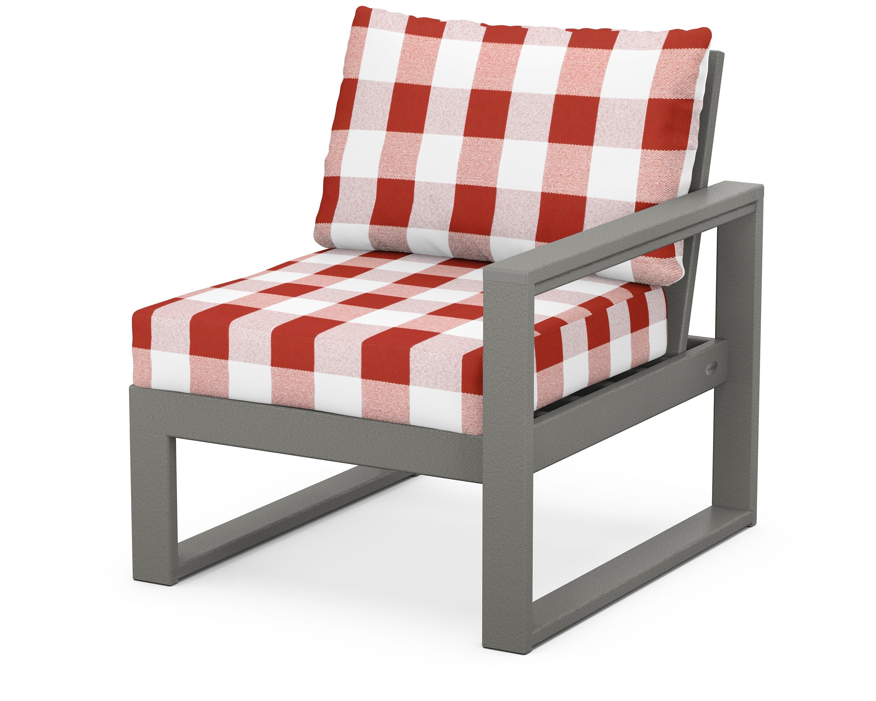 POLYWOOD® EDGE Modular Right Arm Chair in Slate Grey / Buffalo Plaid Crimson