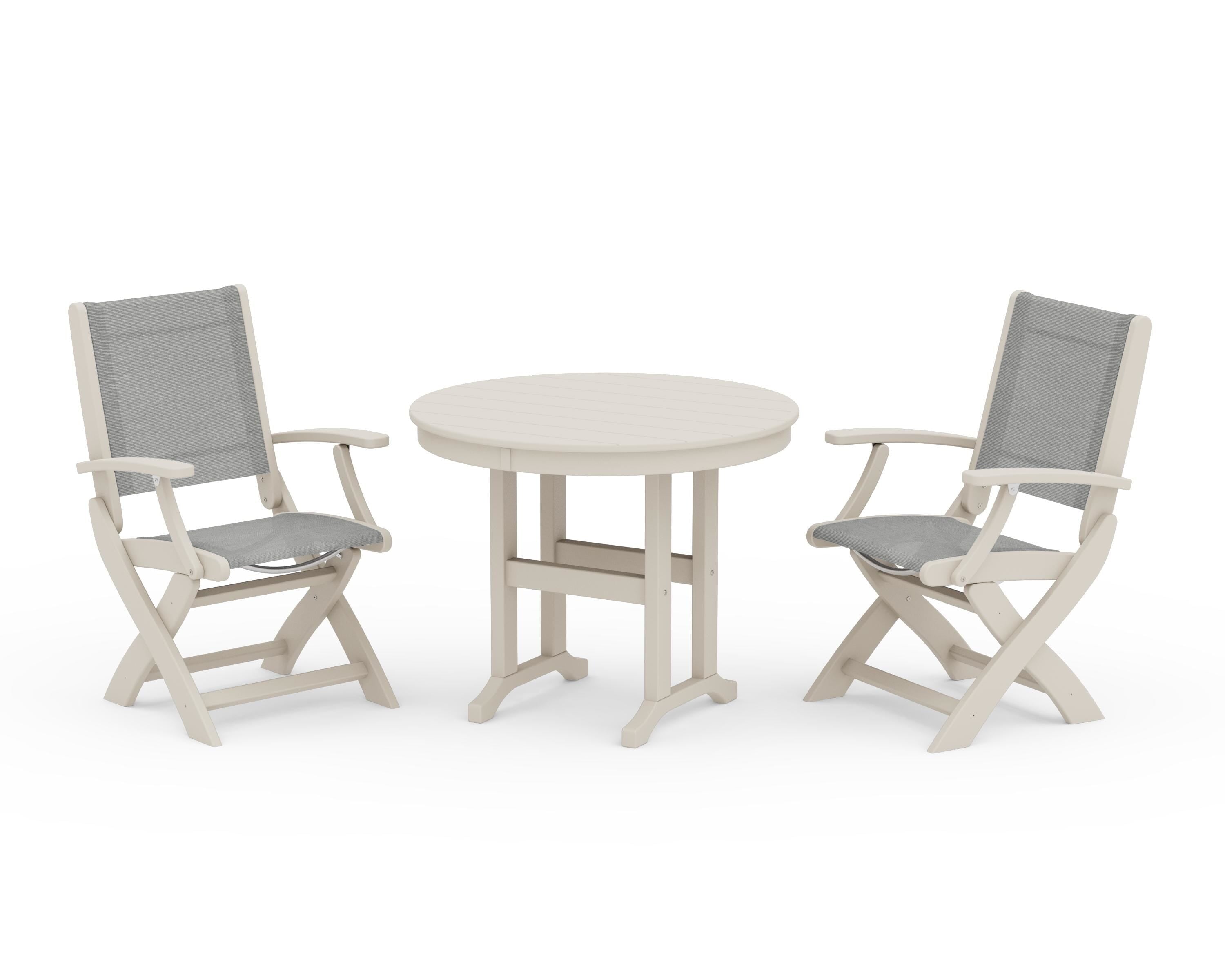 POLYWOOD® Coastal Folding Chair 3-Piece Round Dining Set in Sand / Metallic Sling