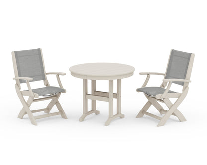 POLYWOOD® Coastal Folding Chair 3-Piece Round Dining Set in Sand / Metallic Sling