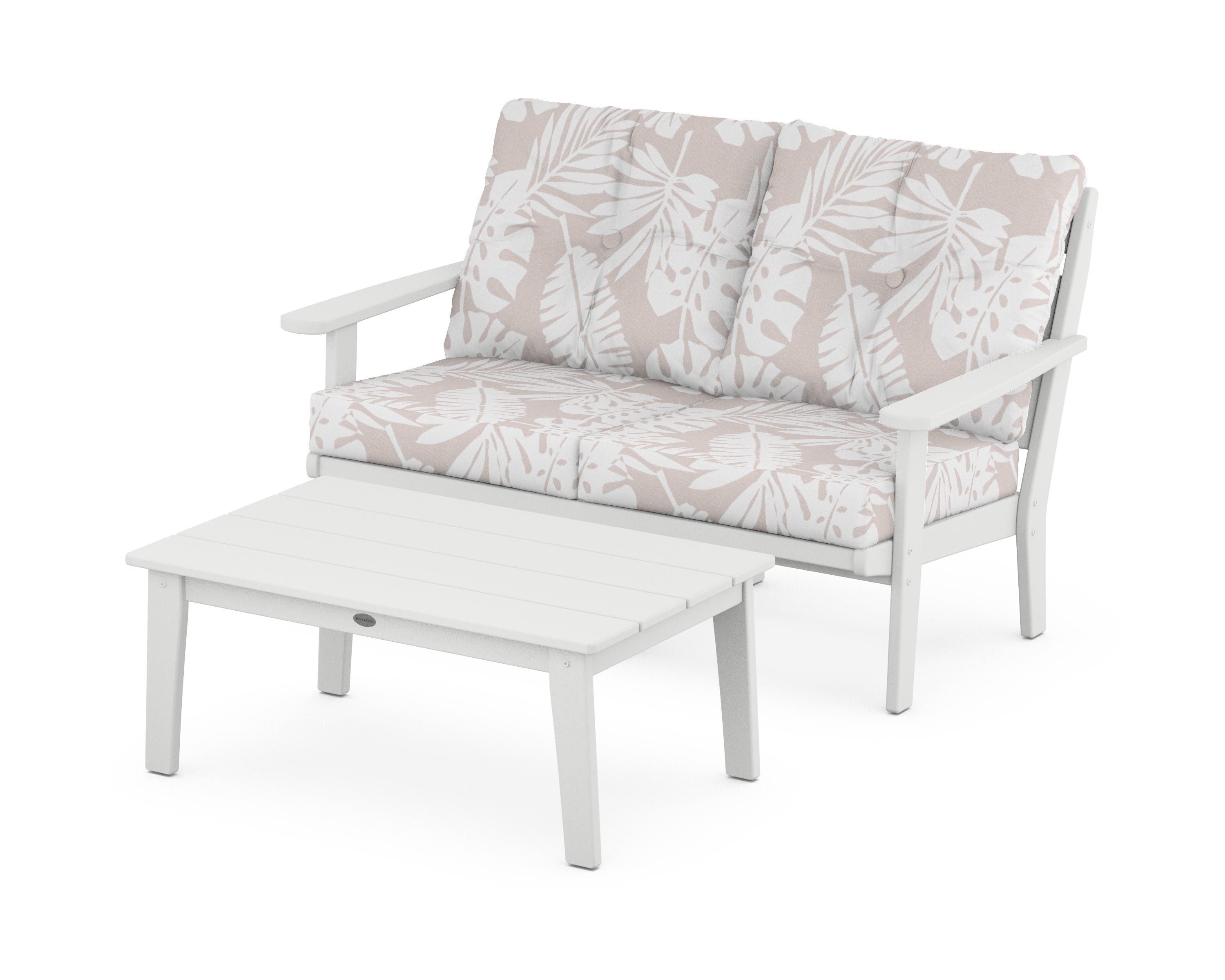 POLYWOOD® Lakeside 2-Piece Lounge Loveseat Set in White / Leaf Dune Burlap