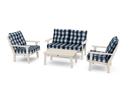 POLYWOOD® Lakeside 4-Piece Deep Seating Set in Sand / Buffalo Plaid Marine Indigo