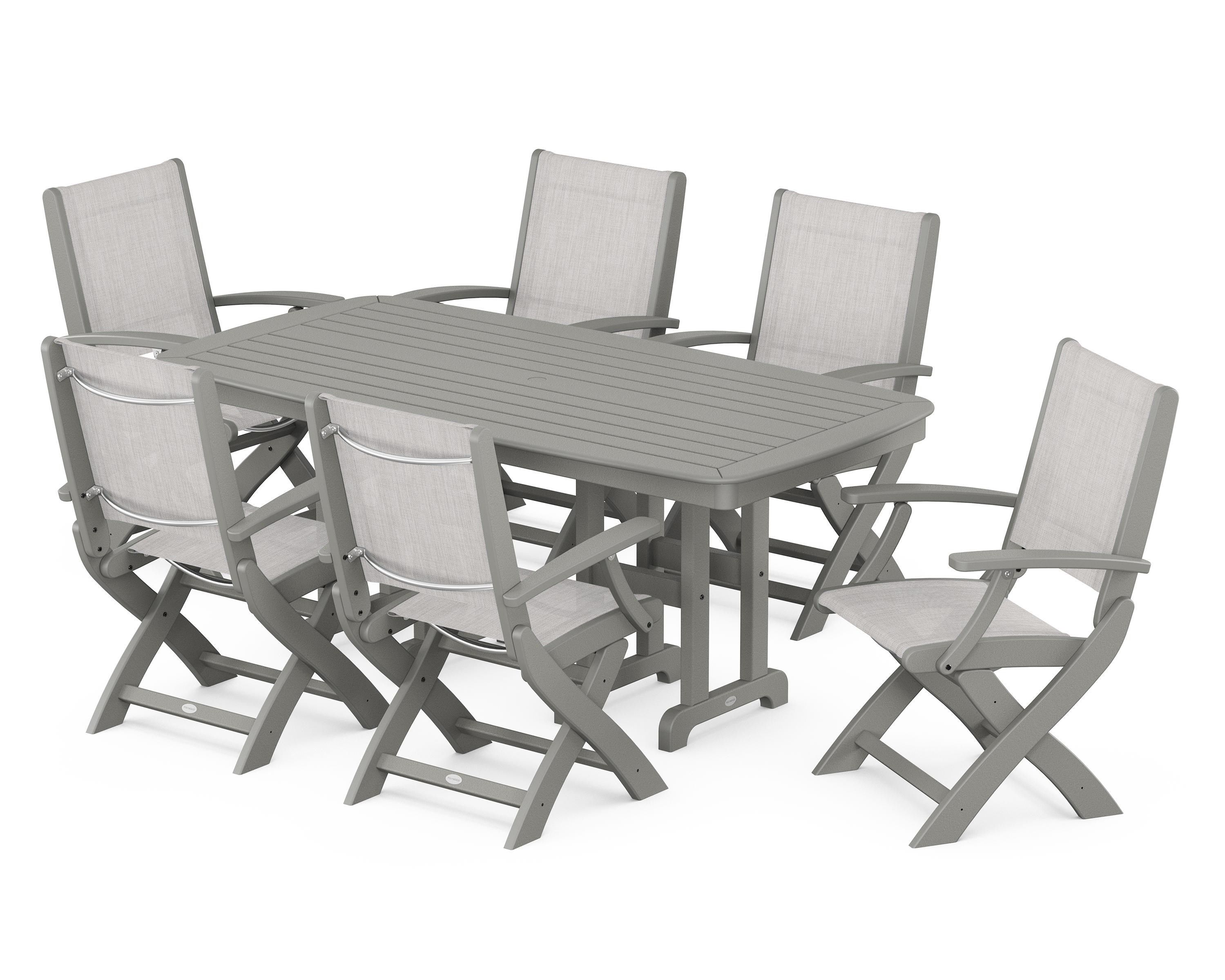 POLYWOOD® Coastal Folding Arm Chair 7-Piece Dining Set in Slate Grey / Parchment Sling
