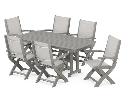 POLYWOOD® Coastal Folding Arm Chair 7-Piece Dining Set in Slate Grey / Parchment Sling