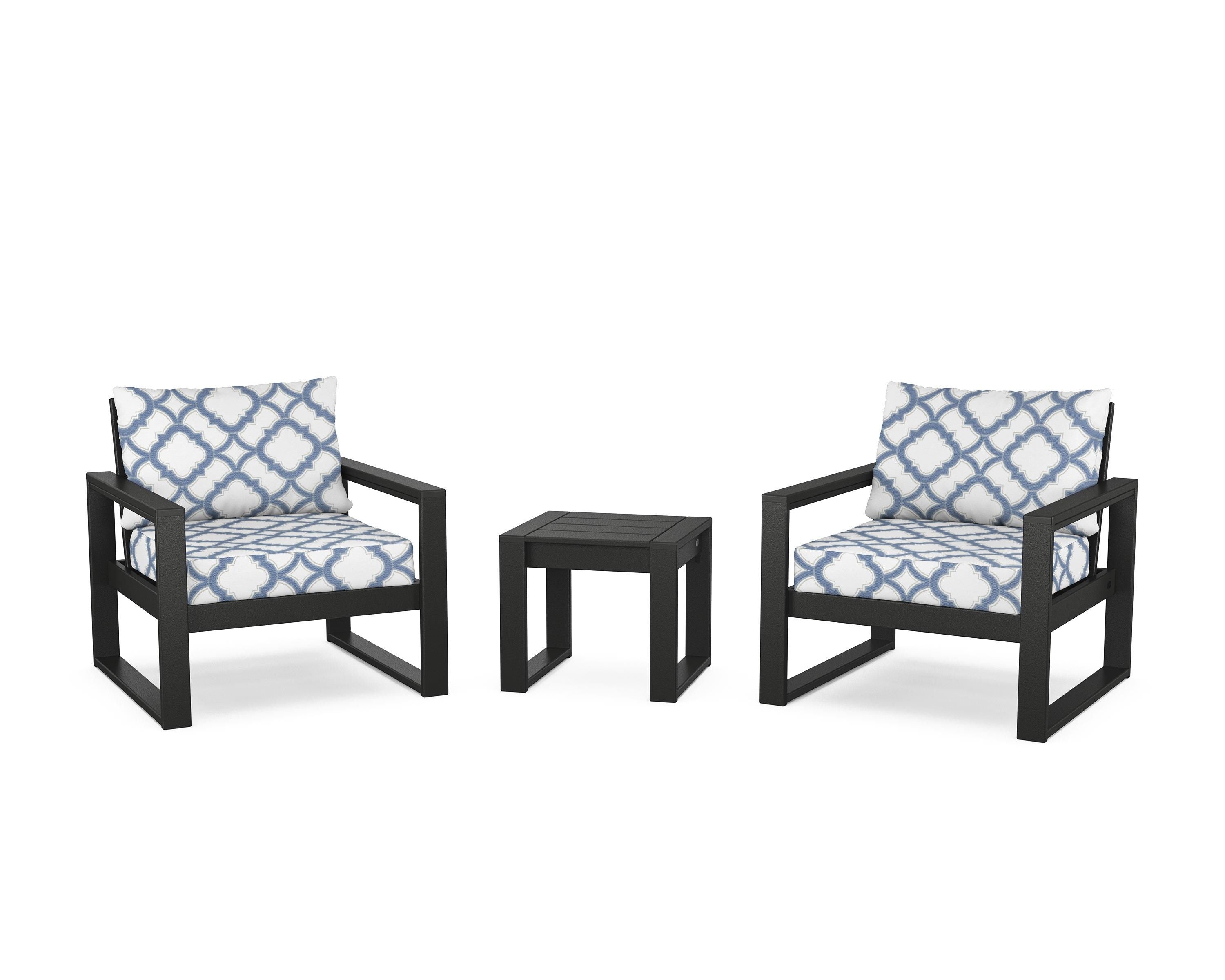 POLYWOOD® EDGE Sectional 3-Piece Deep Seating Set in Black / Trellis Sky Blue