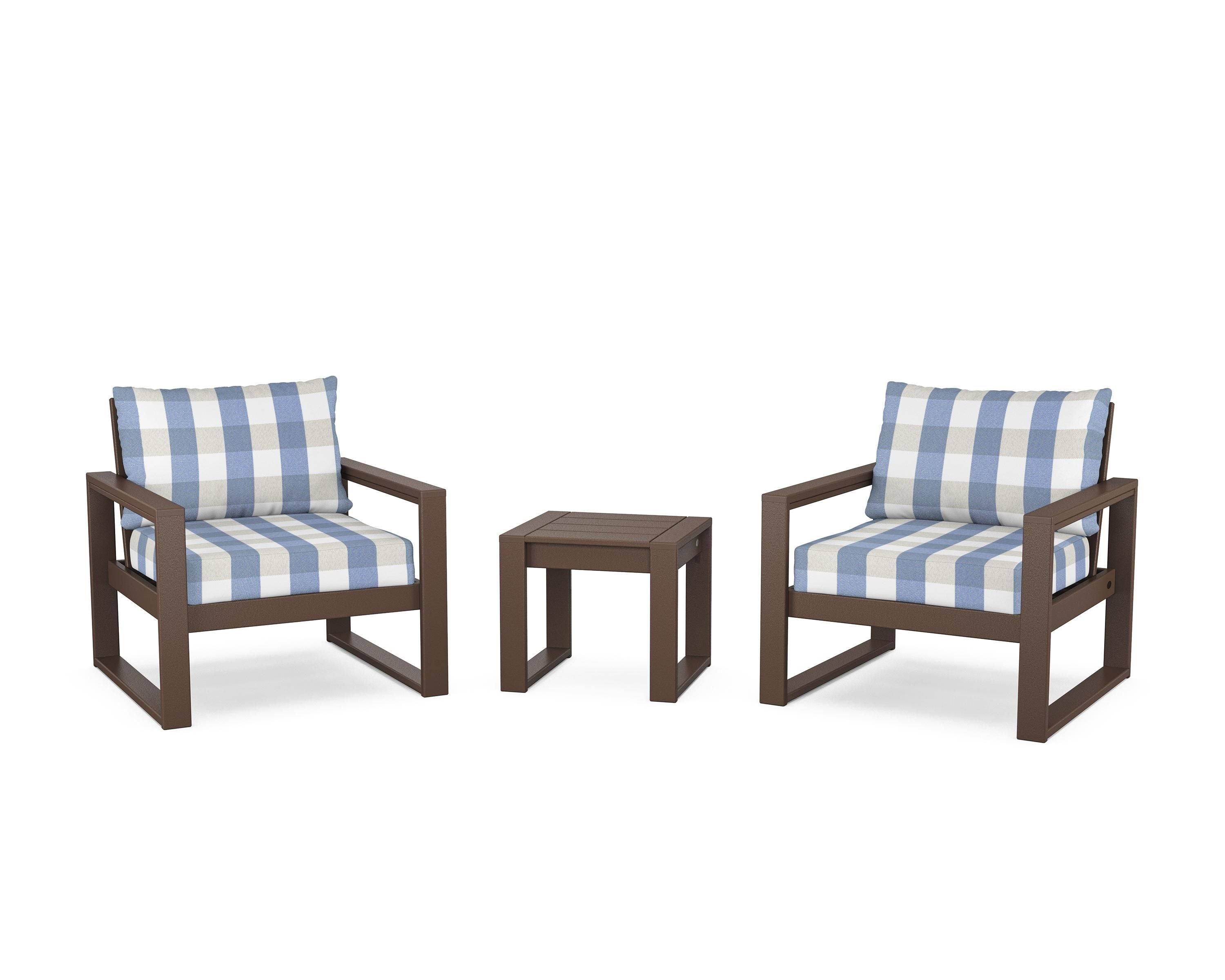POLYWOOD® EDGE Sectional 3-Piece Deep Seating Set in Mahogany / Buffalo Plaid Sky Blue