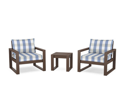 POLYWOOD® EDGE Sectional 3-Piece Deep Seating Set in Mahogany / Buffalo Plaid Sky Blue