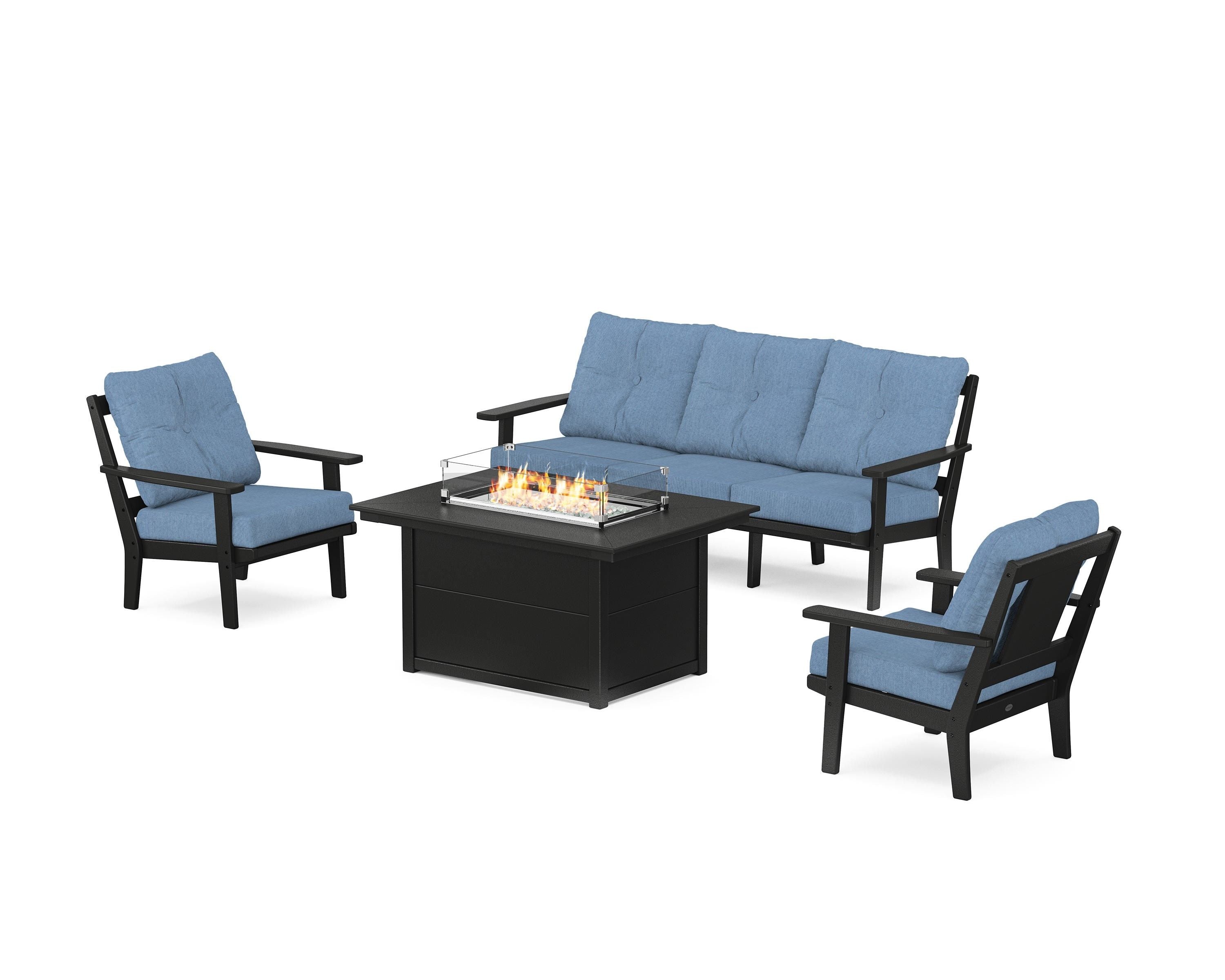 POLYWOOD® Prairie Deep Seating Fire Pit Table Set in Black / Sky Blue