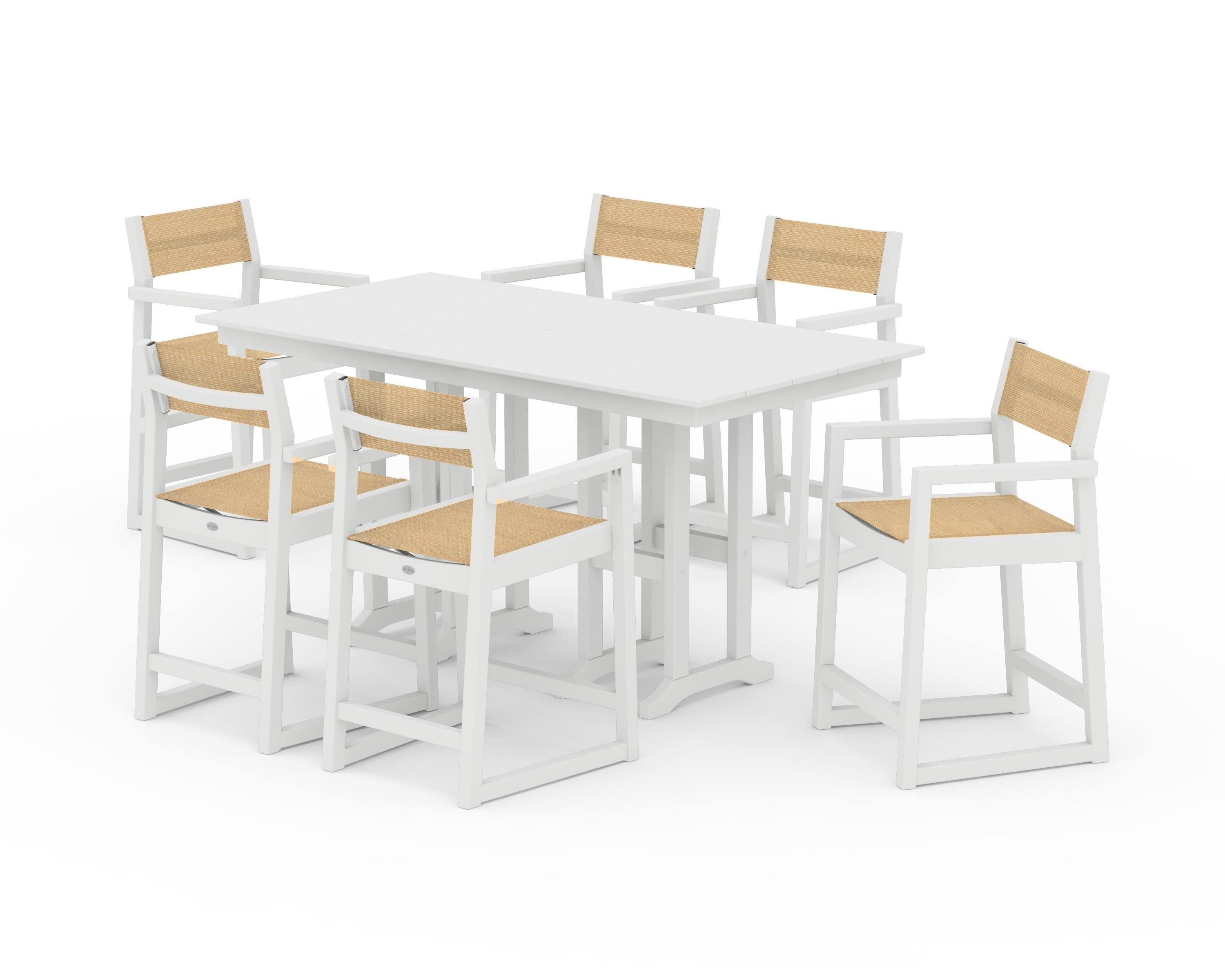 POLYWOOD® EDGE Sling Arm Chair 7-Piece Farmhouse Counter Set in White / Dupioni Apricot Sling