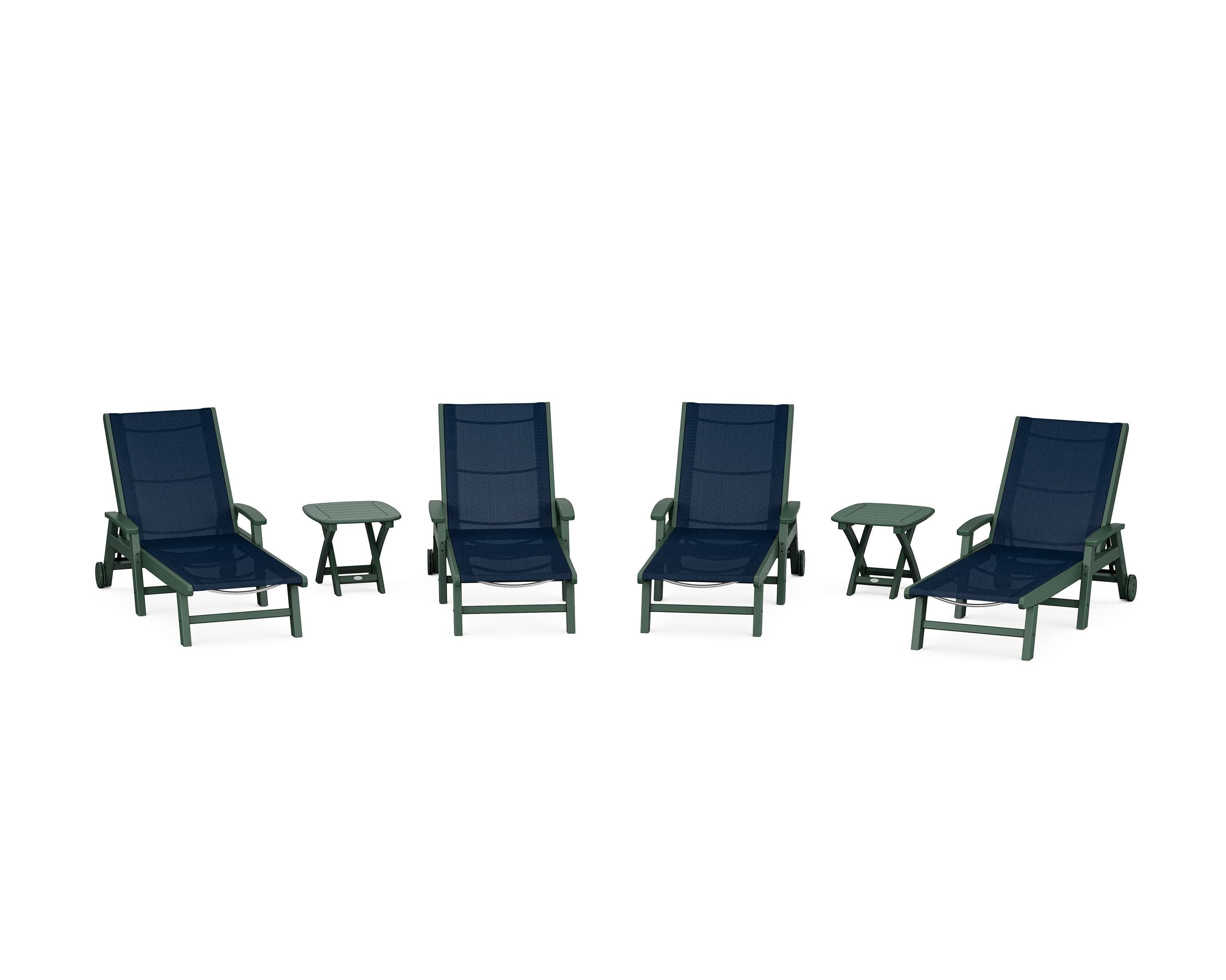 POLYWOOD® Coastal Chaise 6-Piece Set with Wheels in Green / Navy Blue Sling