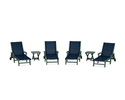 POLYWOOD® Coastal Chaise 6-Piece Set with Wheels in Green / Navy Blue Sling