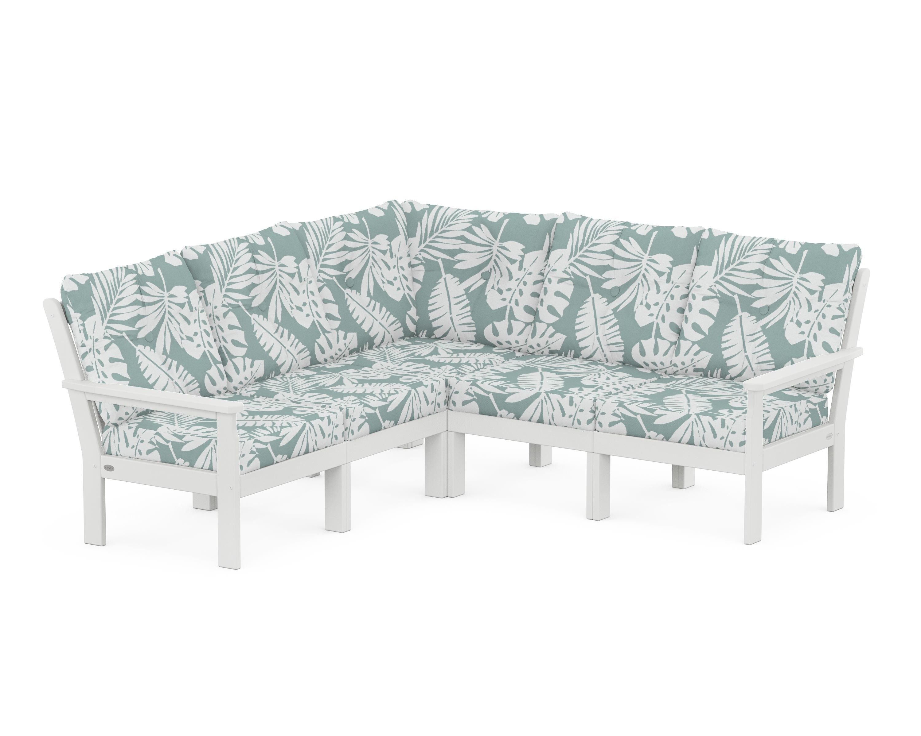 POLYWOOD® Vineyard 5-Piece Sectional in White / Leaf Glacier Spa