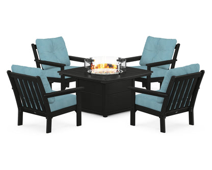 POLYWOOD® Vineyard 5-Piece Conversation Set with Fire Pit Table in Black / Lattice Sky Blue