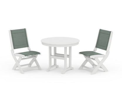 POLYWOOD® Coastal Folding Side Chair 3-Piece Round Dining Set in White / Dupioni Sea Mist Sling