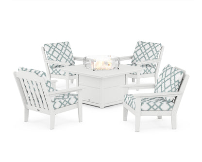 Country Living Cottage 5-Piece Deep Seating Set with Fire Pit Table in White / Trellis Glacier Spa