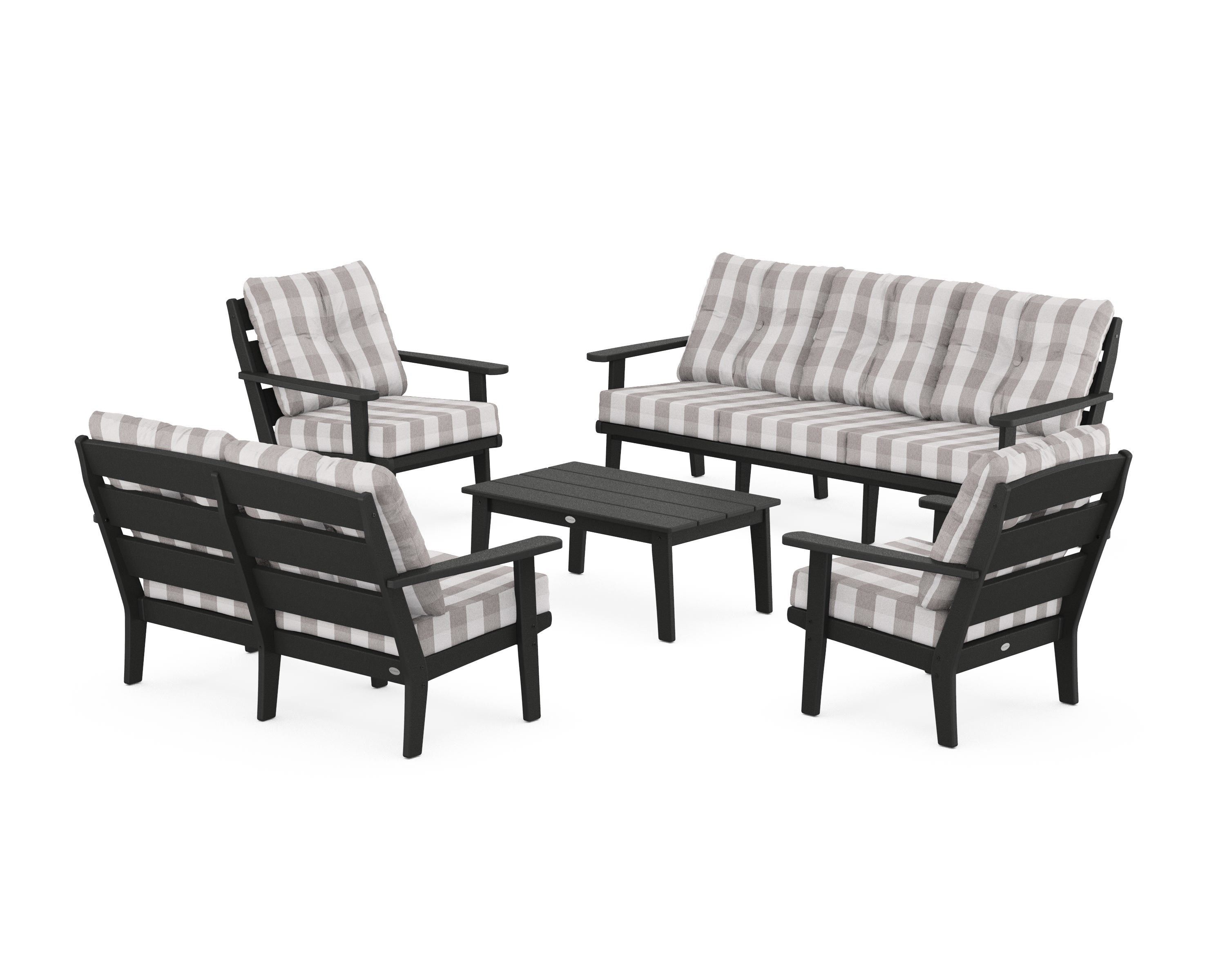 POLYWOOD® Lakeside 5-Piece Lounge Sofa Set in Black / Buffalo Plaid Grey Mist