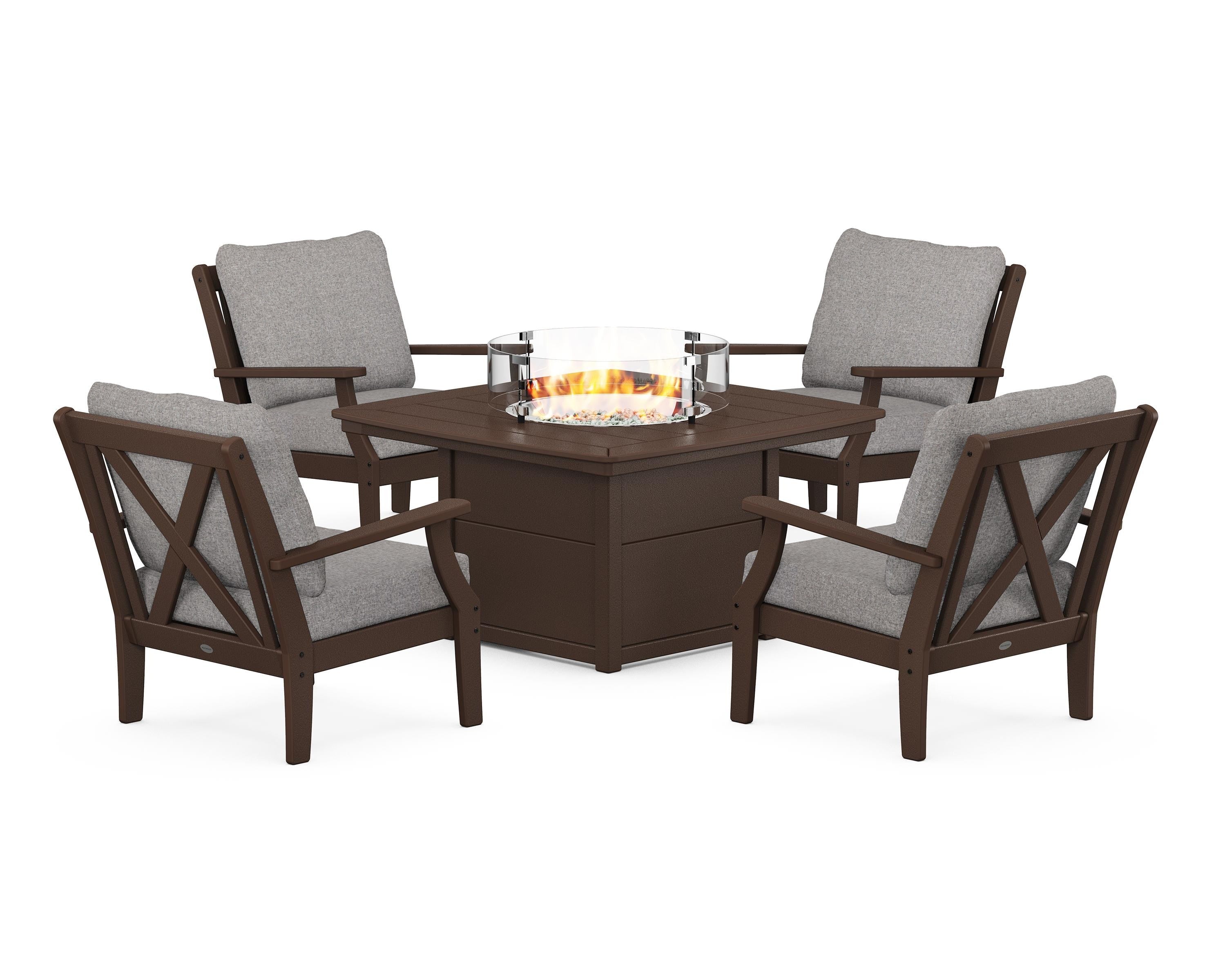 POLYWOOD® Braxton 5-Piece Deep Seating Conversation Set with Fire Pit Table in Mahogany / Grey Mist