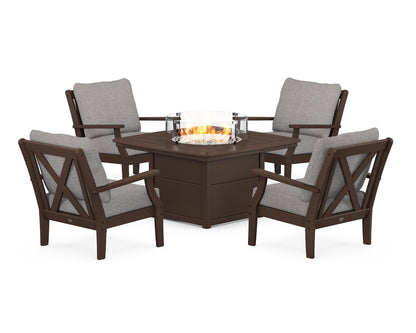 POLYWOOD® Braxton 5-Piece Deep Seating Conversation Set with Fire Pit Table in Mahogany / Grey Mist