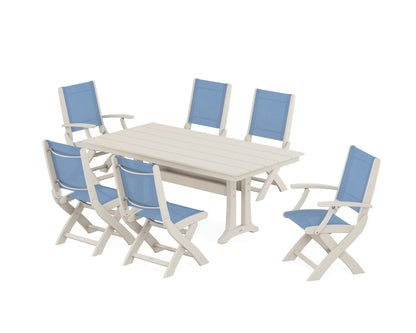 POLYWOOD® Coastal Folding Chair 7-Piece Farmhouse Dining Set with Trestle Legs in Sand / Poolside Sling