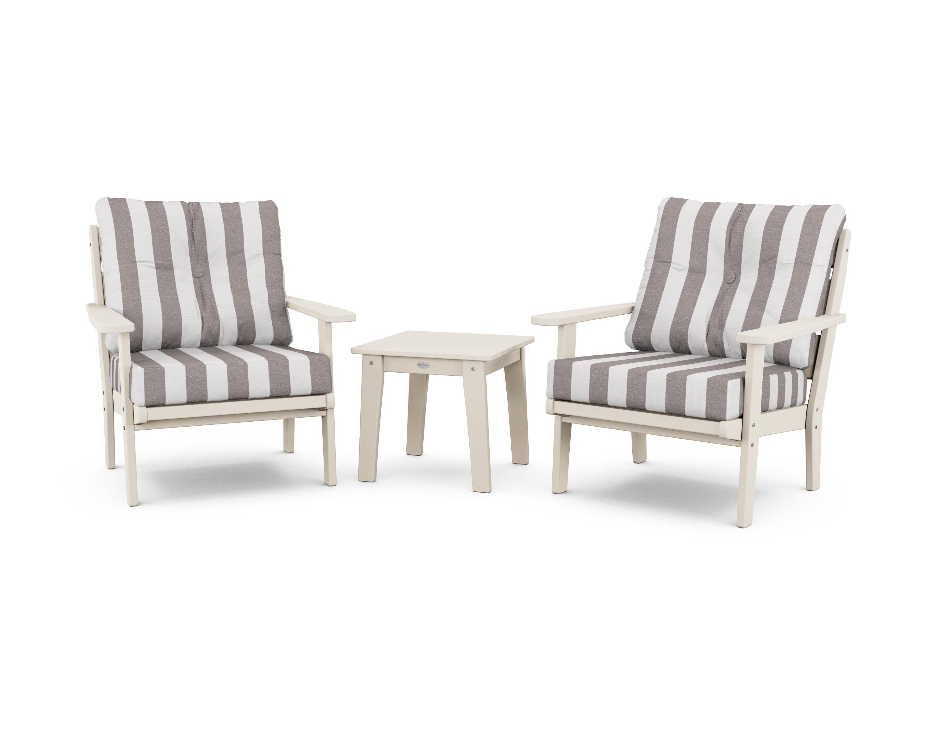 POLYWOOD® Lakeside 3-Piece Deep Seating Chair Set in Sand / Cabana Stripe Grey Mist