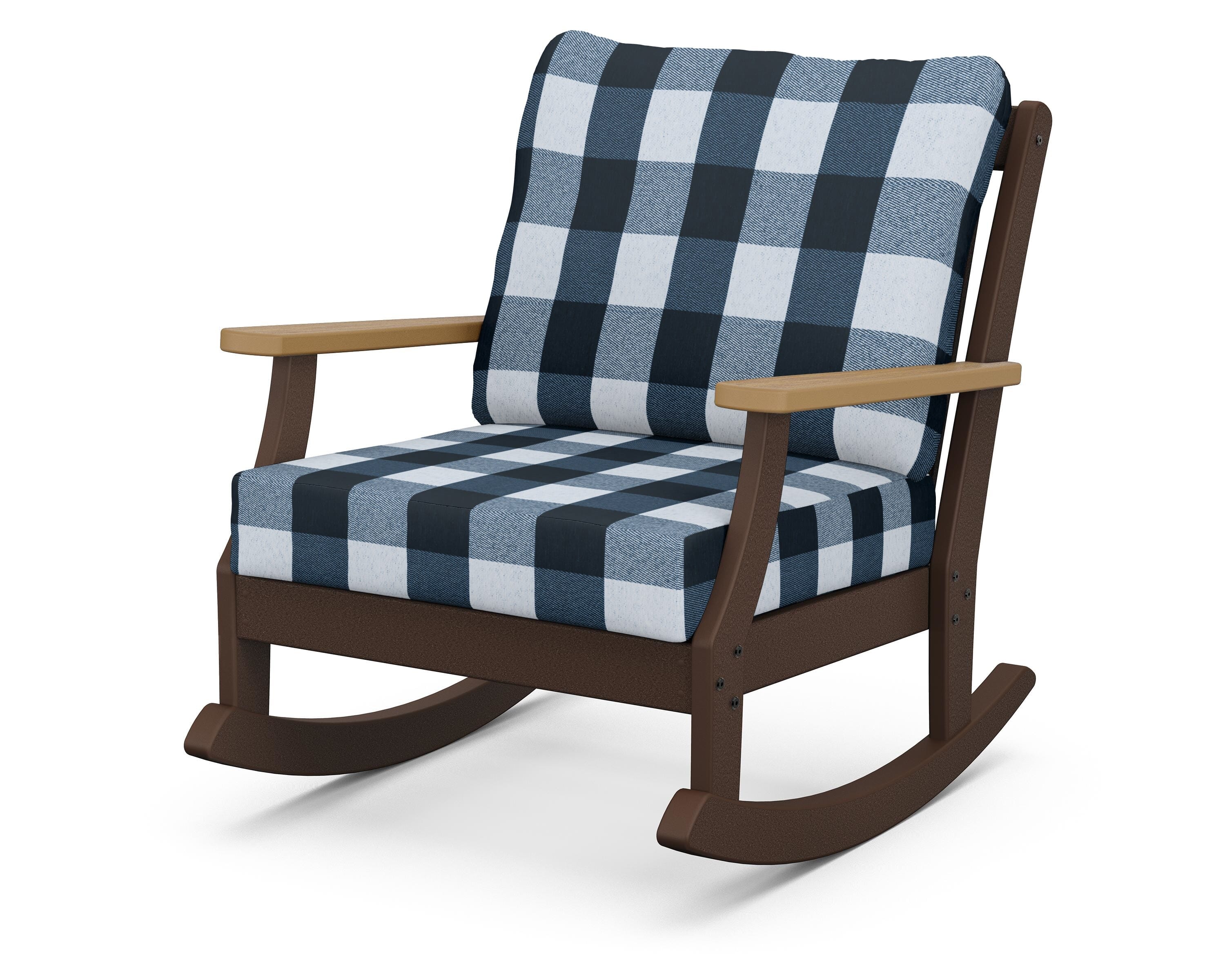 POLYWOOD® Braxton Deep Seating Rocking Chair in Mahogany / Natural / Buffalo Plaid Marine Indigo