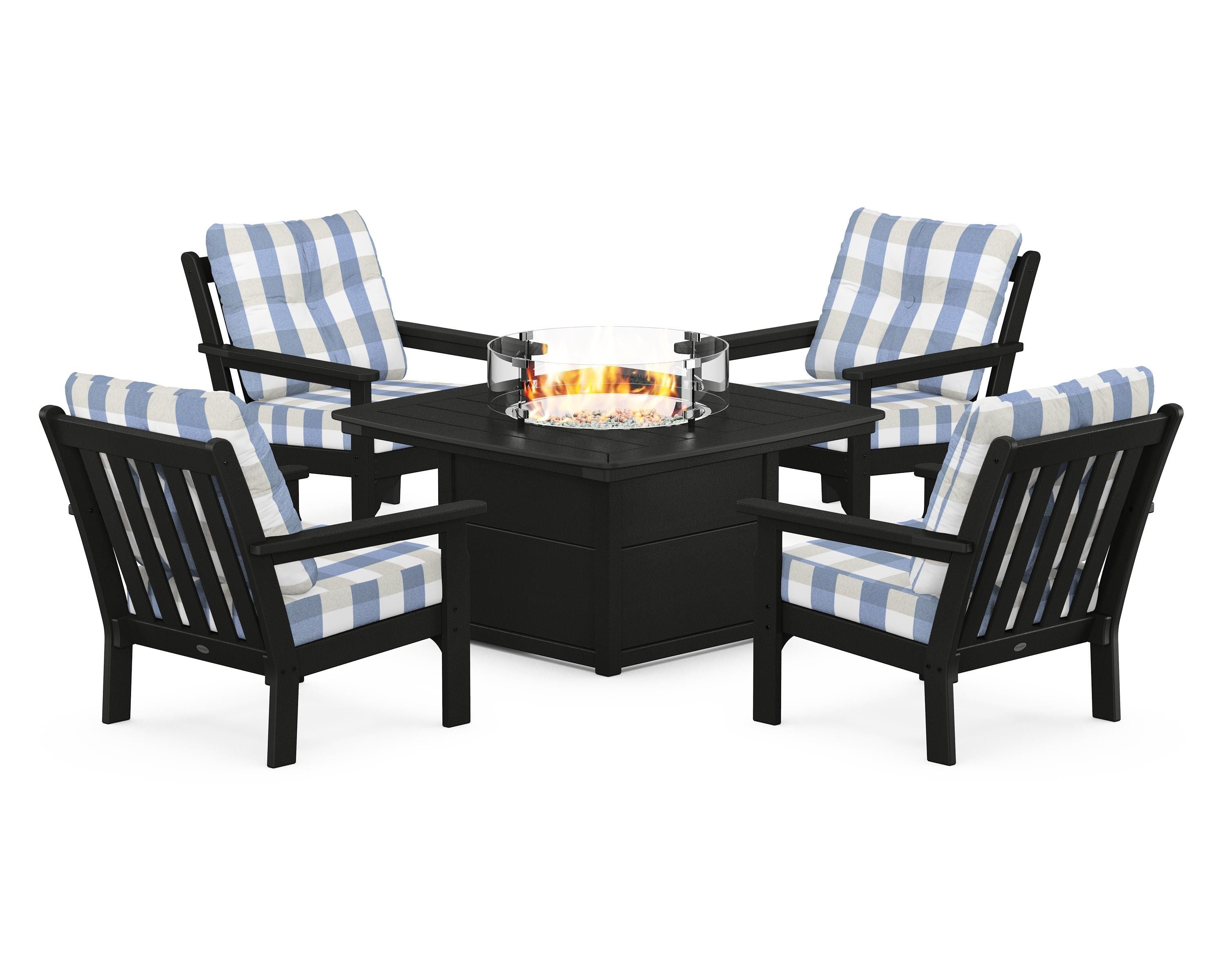 POLYWOOD® Vineyard 5-Piece Conversation Set with Fire Pit Table in Black / Buffalo Plaid Sky Blue