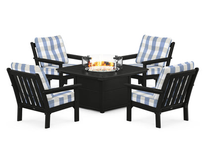 POLYWOOD® Vineyard 5-Piece Conversation Set with Fire Pit Table in Black / Buffalo Plaid Sky Blue