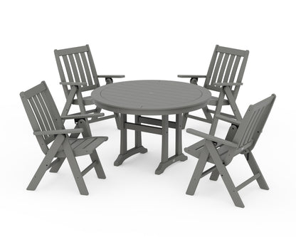 POLYWOOD® Vineyard Folding Chair 5-Piece Round Dining Set with Trestle Legs in Slate Grey