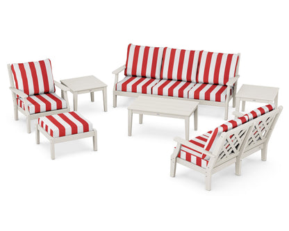 Country Living Wovendale 7-Piece Deep Seating Set in Sand / Cabana Stripe Crimson