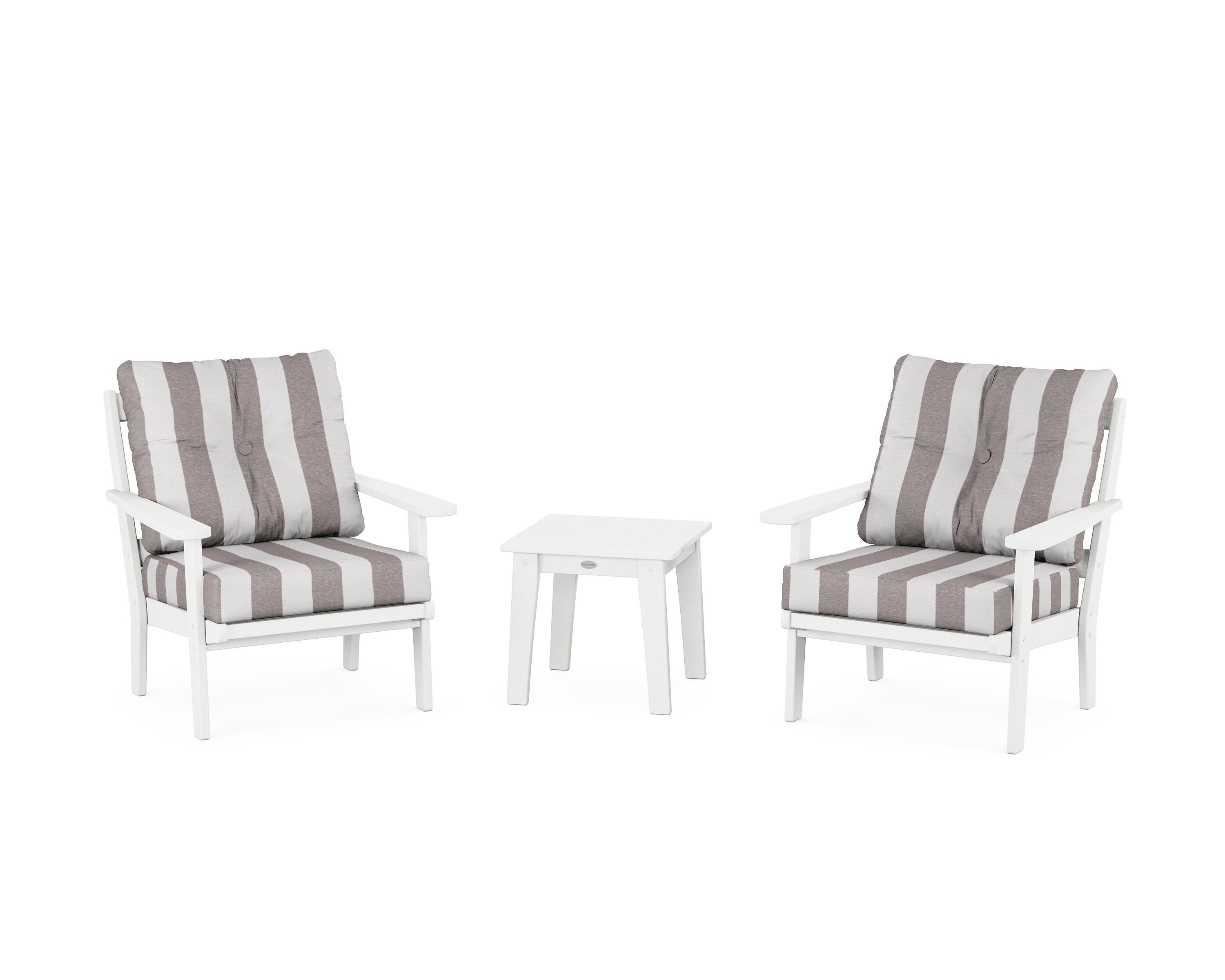 POLYWOOD® Mission 3-Piece Deep Seating Set in White / Cabana Stripe Grey Mist