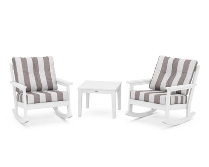 POLYWOOD® Vineyard 3-Piece Deep Seating Rocker Set in White / Cabana Stripe Grey Mist