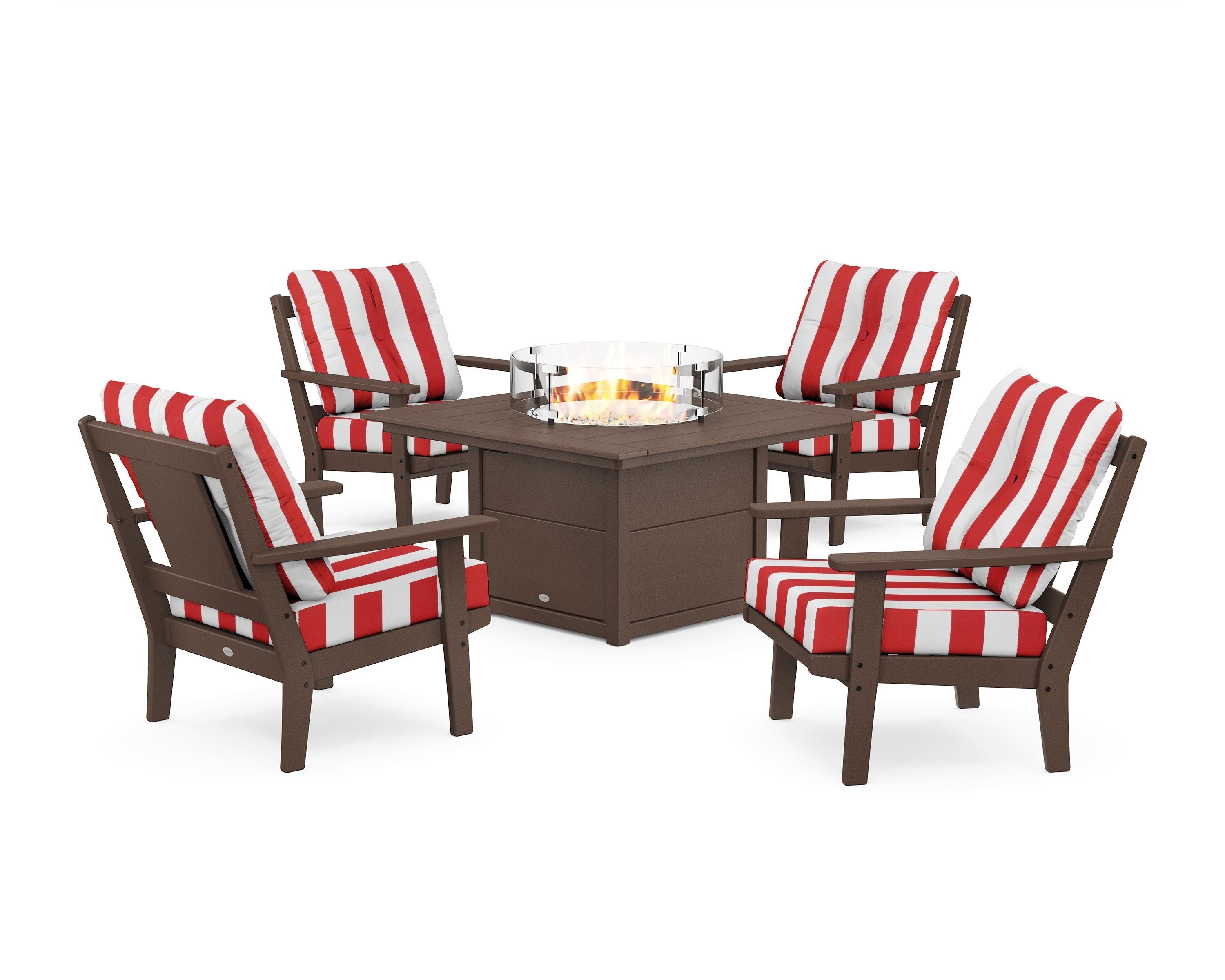 POLYWOOD® Prairie 5-Piece Deep Seating Set with Fire Pit Table in Mahogany / Cabana Stripe Crimson