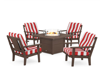 POLYWOOD® Prairie 5-Piece Deep Seating Set with Fire Pit Table in Mahogany / Cabana Stripe Crimson