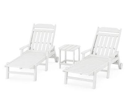 Country Living Cottage 3-Piece Chaise Set with Arms and Wheels in White