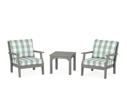 Martha Stewart by POLYWOOD® Chinoiserie 3-Piece Deep Seating Set in Slate Grey / Buffalo Plaid Glacier Spa