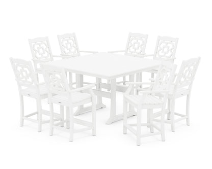 Martha Stewart by POLYWOOD® Chinoiserie 9-Piece Square Farmhouse Counter Set with Trestle Legs in White