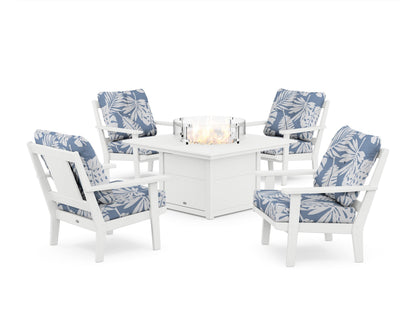 POLYWOOD® Prairie 5-Piece Deep Seating Set with Fire Pit Table in White / Leaf Sky Blue