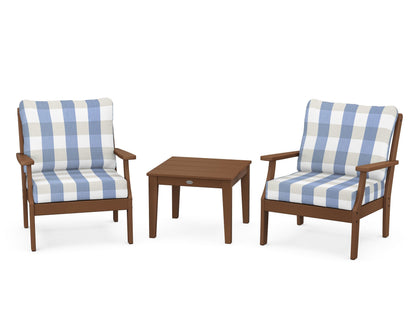 POLYWOOD® Braxton 3-Piece Deep Seating Set in Teak / Buffalo Plaid Sky Blue