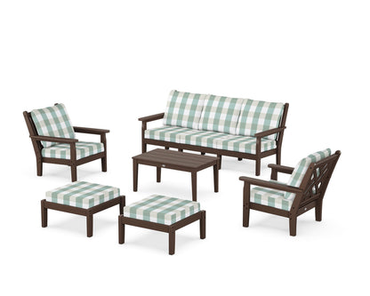 POLYWOOD® Chippendale 6-Piece Lounge Sofa Set in Mahogany / Buffalo Plaid Glacier Spa