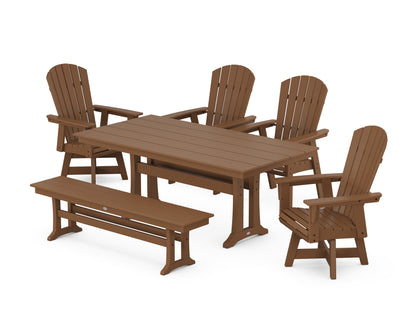 POLYWOOD® Nautical Adirondack Swivel 6-Piece Farmhouse Dining Set With Trestle Legs in Teak