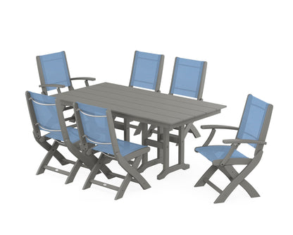 POLYWOOD® Coastal Folding Chair 7-Piece Farmhouse Dining Set in Slate Grey / Poolside Sling