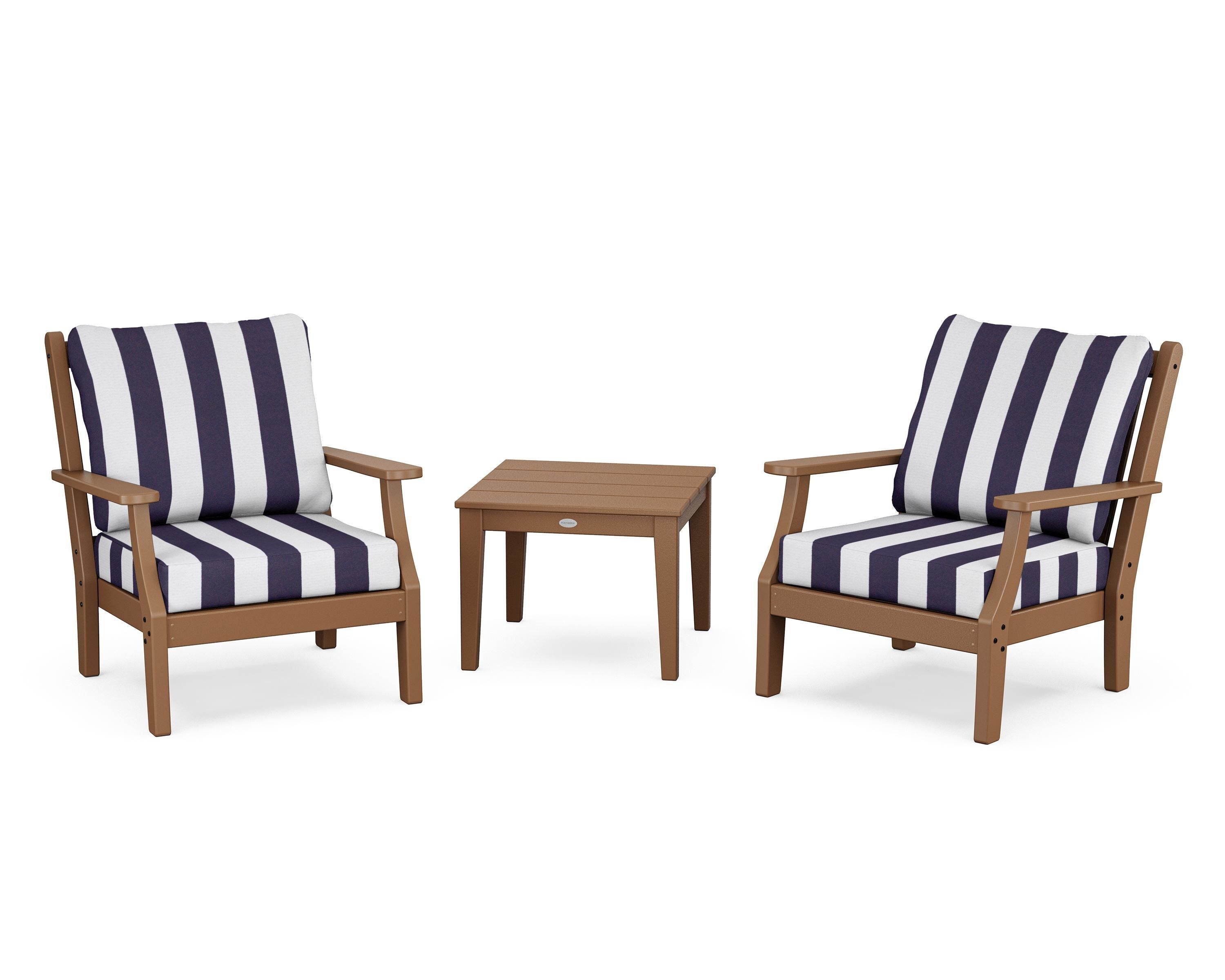Country Living Wovendale 3-Piece Deep Seating Set in Teak / Cabana Stripe Navy