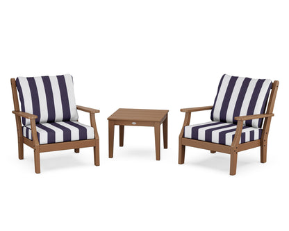 Country Living Wovendale 3-Piece Deep Seating Set in Teak / Cabana Stripe Navy