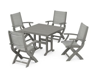 POLYWOOD® Coastal Folding Chair 5-Piece Farmhouse Dining Set in Slate Grey / Metallic Sling