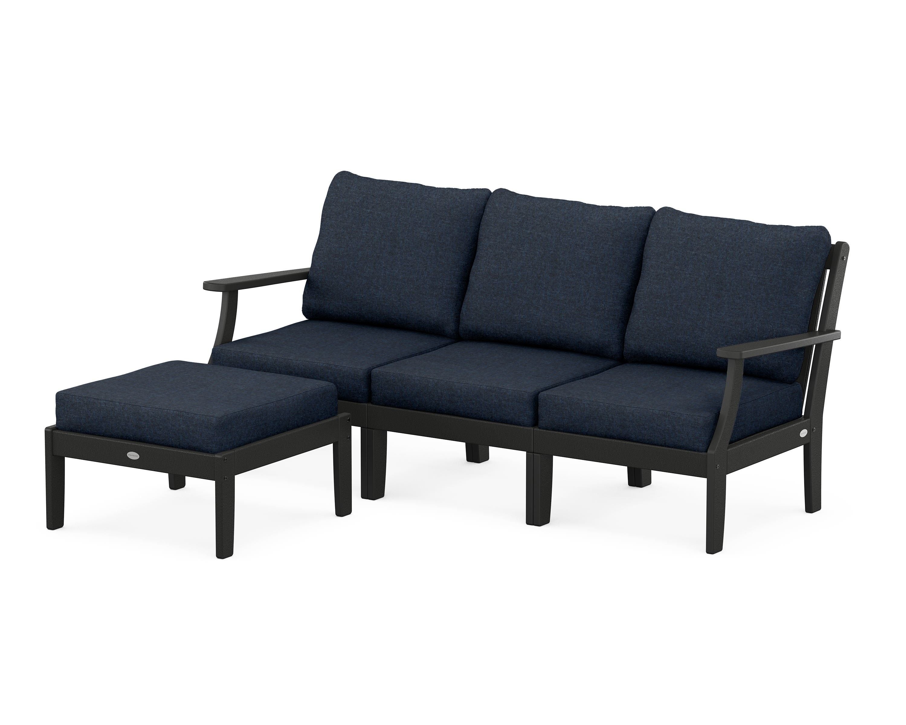 POLYWOOD® Braxton Modular 4-Piece Deep Seating Set with Ottoman in Black / Marine Indigo
