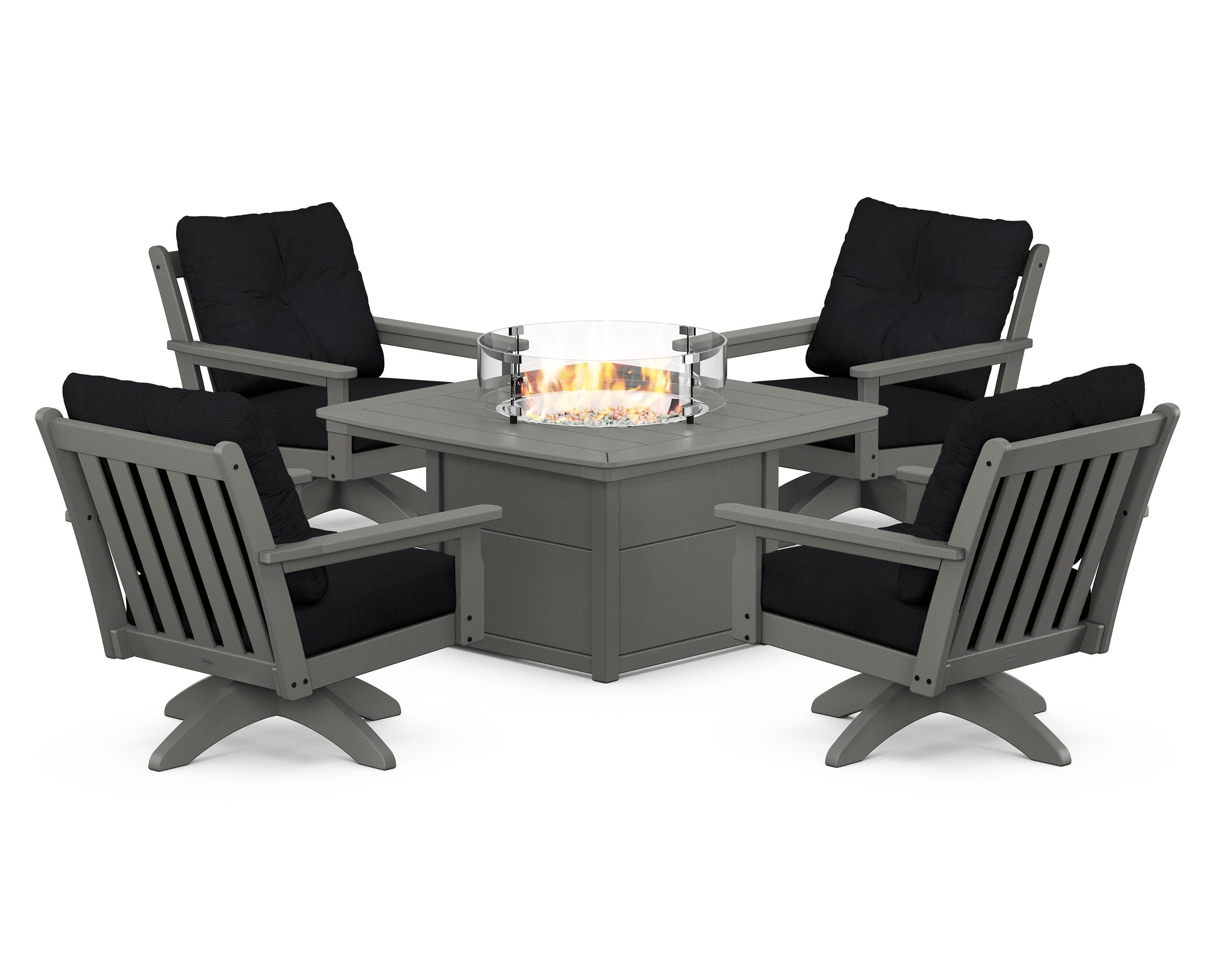 POLYWOOD® Vineyard 5-Piece Deep Seating Swivel Conversation Set with Fire Pit Table in Slate Grey / Midnight Linen