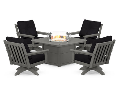 POLYWOOD® Vineyard 5-Piece Deep Seating Swivel Conversation Set with Fire Pit Table in Slate Grey / Midnight Linen