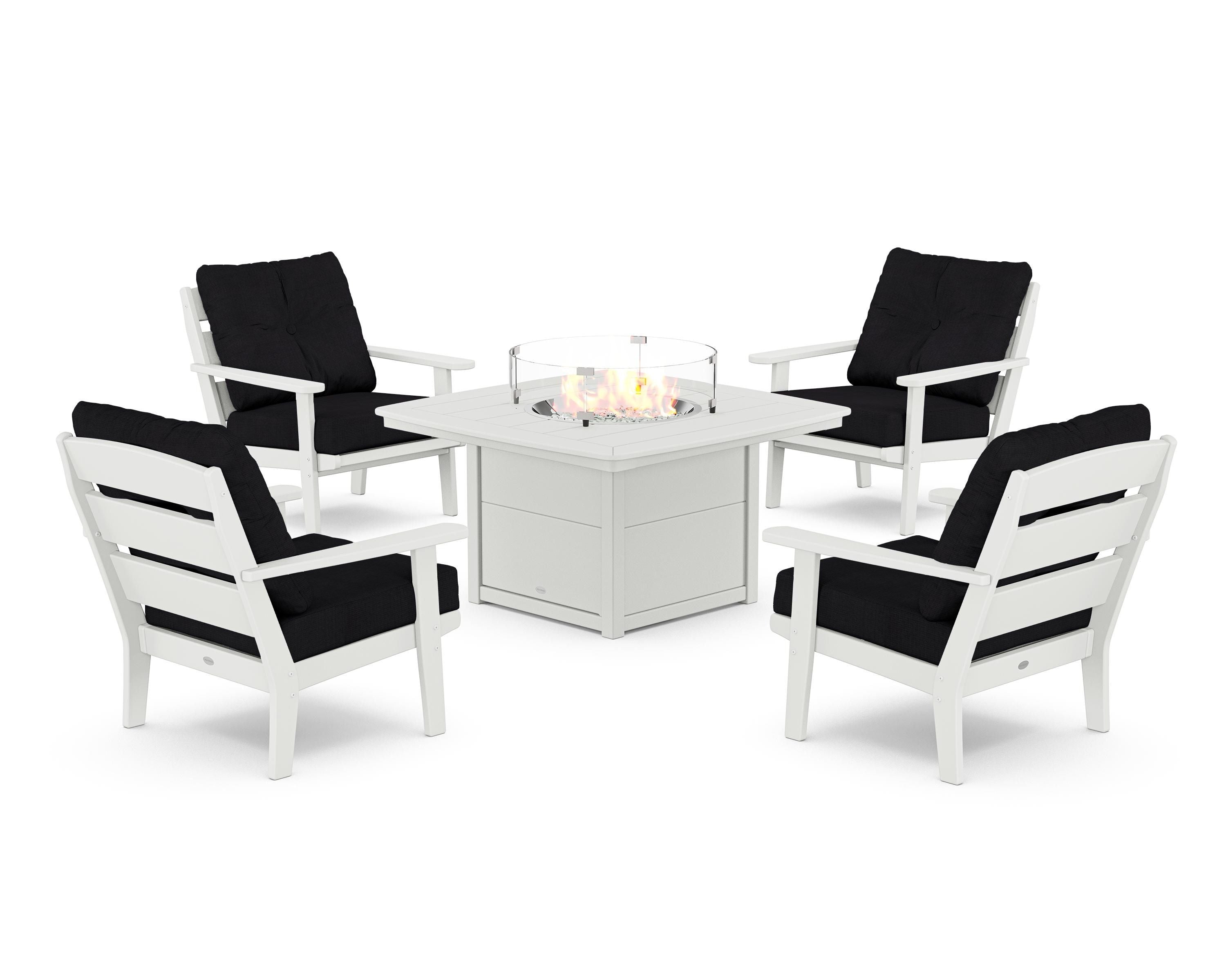POLYWOOD® Lakeside 5-Piece Deep Seating Set with Nautical Fire Pit Table in White / Midnight Linen